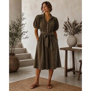 Velvet By Graham & Spencer Women Olive Green Corduroy Button UpShirt Dress M USA
